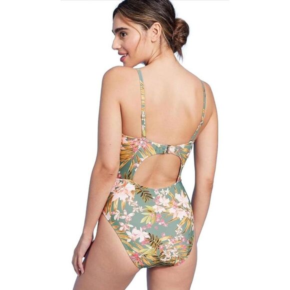 Kona Sol Women's Tropical Floral Print Shirred One Piece Swimsuit Large - Picture 2 of 8